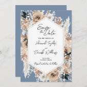 Dusty Blue Floral Boho Wedding Save The Date (Vorne/Hinten)
