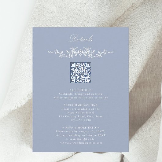 Dusty Blue Floral Border QR Code Hochzeitdetails Begleitkarte