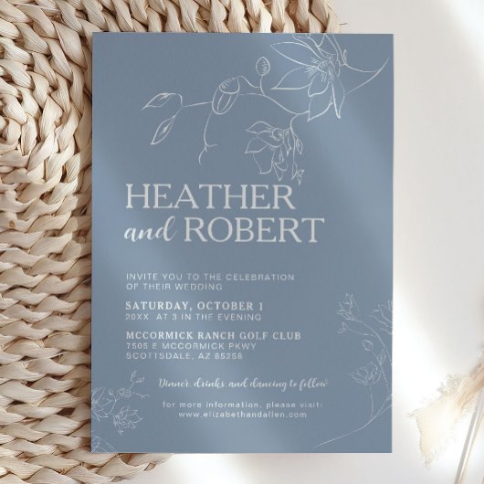 Dusty Blue Floral Botanical Boho Simple Wedding Einladung