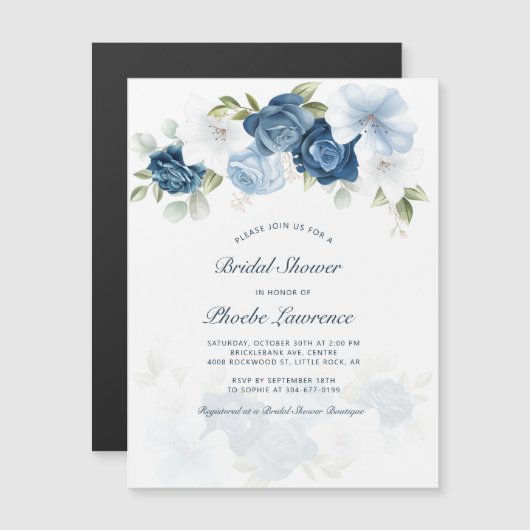 Dusty Blue Floral Botanical Brautparty Magnetkarte (Vorne/Hinten)