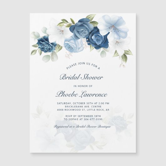 Dusty Blue Floral Botanical Brautparty Magnetkarte (Vorderseite)