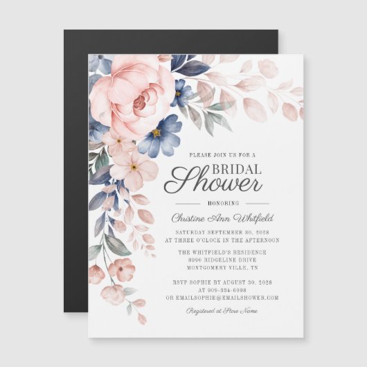 Dusty Blue Floral Botanical Script Brautparty Magnetkarte (Vorne/Hinten)