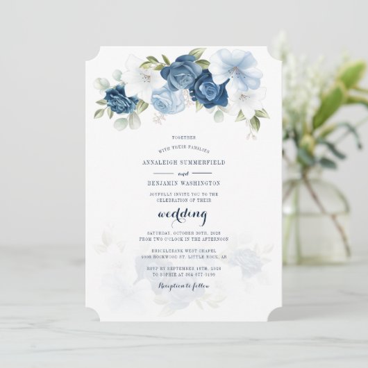 Dusty Blue Floral Botanical Script Wedding Einladung (Stehend Vorderseite)