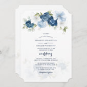 Dusty Blue Floral Botanical Script Wedding Einladung (Vorne/Hinten)