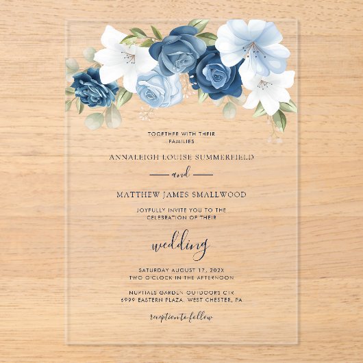 Dusty Blue Floral Botanical Wedding Acryleinladungen (Vorderseite)