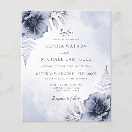 Dusty Blue Floral Botanical Wedding Einladung (Vorderseite)