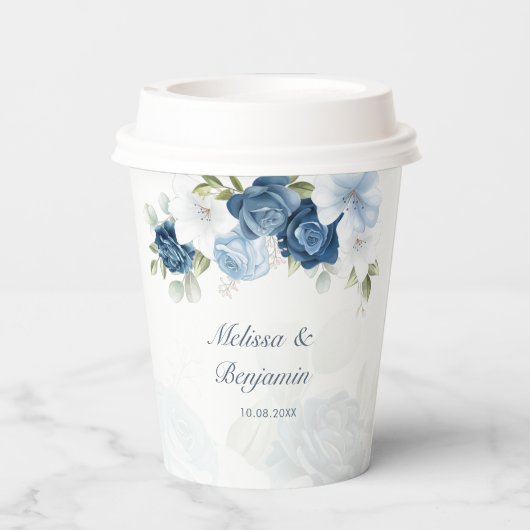 Dusty Blue Floral Botanical Wedding Pappbecher (Rückseite)