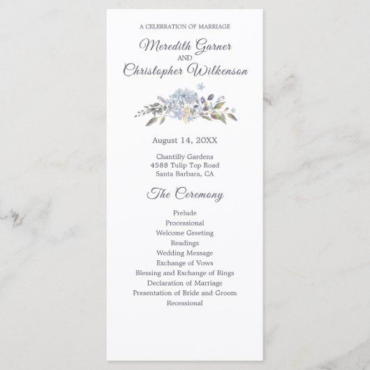 Dusty Blue Floral Botanical Wedding Programm (Vorderseite)