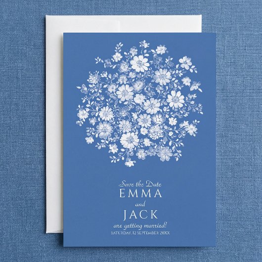 Dusty Blue Floral Bouquet Save the Date Card