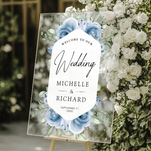 Dusty Blue Floral Bouquet Wedding Welcome Acrylschild