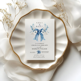 Dusty Blue Floral Bow Save the Date Wedding Card