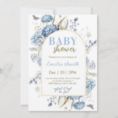 Dusty Blue Floral Boy Baby Dusche Einladung (Vorderseite)