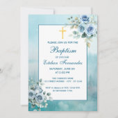Dusty Blue Floral Boy Baptism Religious Einladung (Vorderseite)