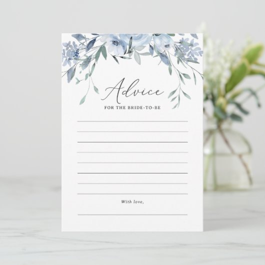 Dusty Blue Floral Brautparty Advice Card Einladung (Stehend Vorderseite)