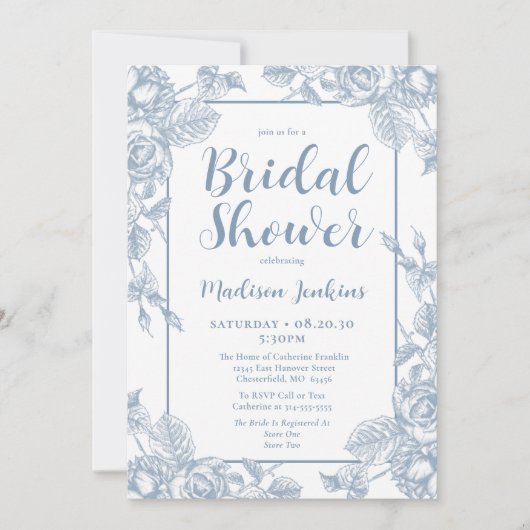 Dusty Blue Floral Brautparty Einladung (Vorderseite)