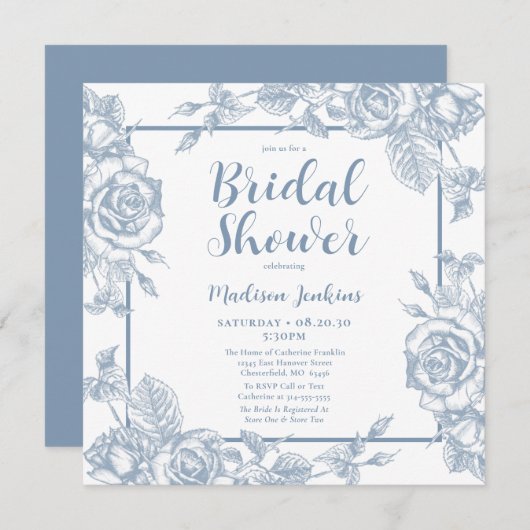 Dusty Blue Floral Brautparty Einladung (Vorne/Hinten)