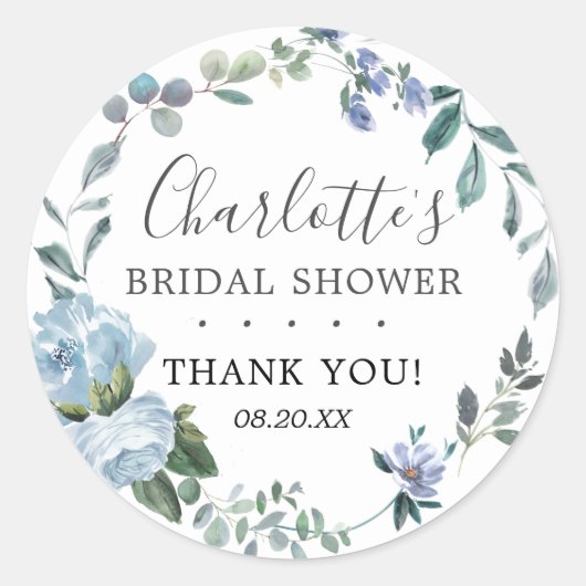 Dusty Blue Floral Brautparty Gevor Runder Aufkleber (Vorderseite)