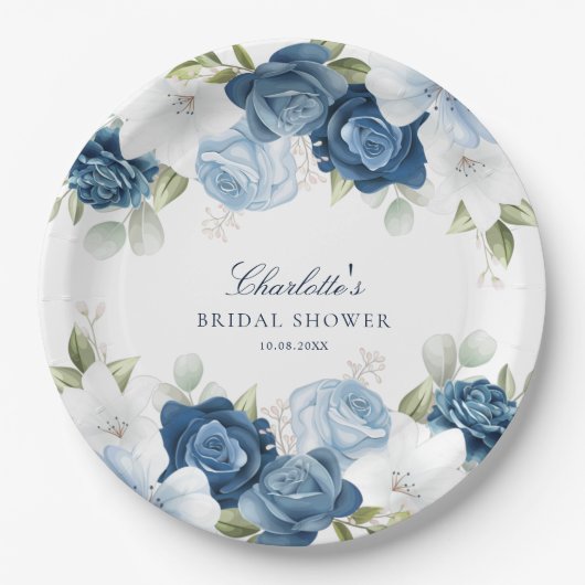 Dusty Blue Floral Brautparty Pappteller (Vorderseite)