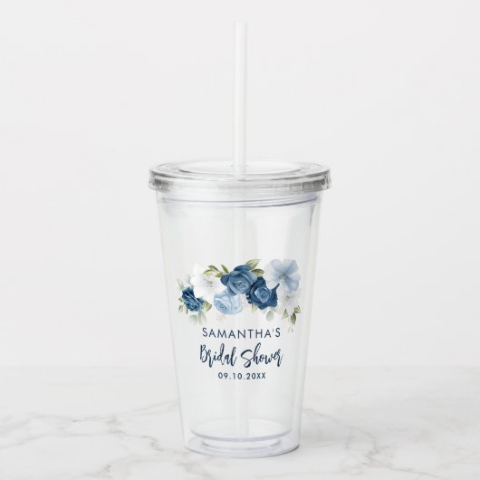 Dusty Blue Floral Brautparty Personalisiert Acryltrinkbecher (Vorderseite)