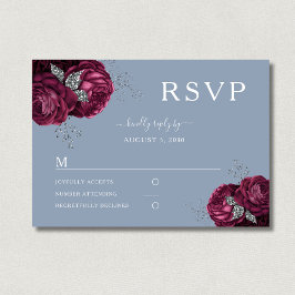 Dusty Blue Floral Burgundy Peonies Elegante Hochze RSVP Karte