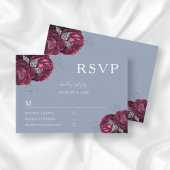 Dusty Blue Floral Burgundy Peonies Elegante Hochze RSVP Karte
