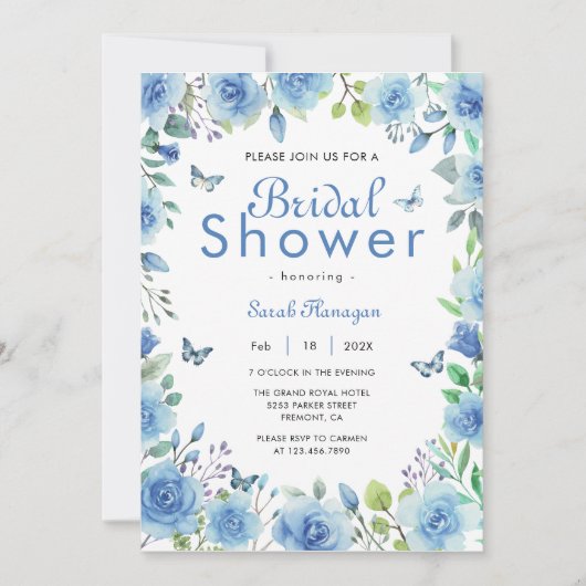 Dusty Blue Floral Butterfly Brautparty Einladung (Vorderseite)