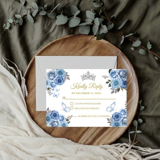 Dusty Blue Floral Butterfly Gold Quinceanera UAWG Begleitkarte
