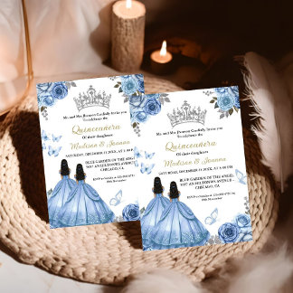 Dusty Blue Floral Butterfly Twin Girl Quinceanera Einladung