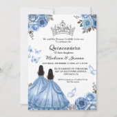 Dusty Blue Floral Butterfly Twin Girl Quinceanera Einladung (Vorderseite)