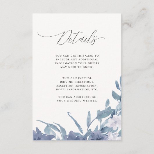 Dusty Blue Floral Calligraphy Wedding Details Begleitkarte (Vorderseite)