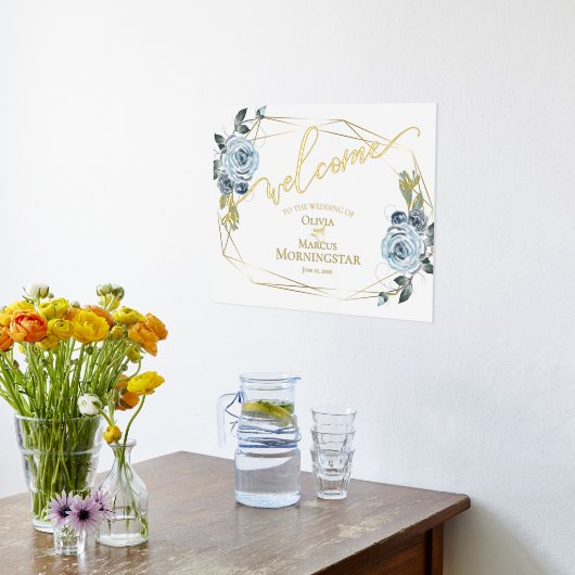 Dusty Blue Floral Calligraphy Willkommen Foliendrucke (Ablage(Küche))