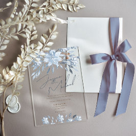Dusty Blue Floral Chic Script Winter Theme Wedding Acryleinladungen