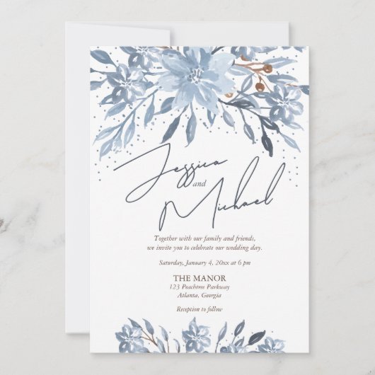 Dusty Blue Floral Chic Script Winter Theme Wedding Einladung (Vorderseite)
