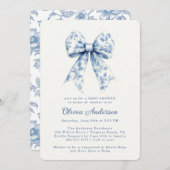 Dusty Blue Floral Chinoiserie Bow Baby Dusche Einladung (Vorne/Hinten)