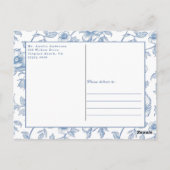 Dusty Blue Floral Chinoiserie Bow Baby Dusche Postkarte (Rückseite)