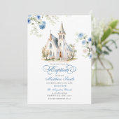 Dusty Blue Floral Classical Church Taufe Einladung (Stehend Vorderseite)