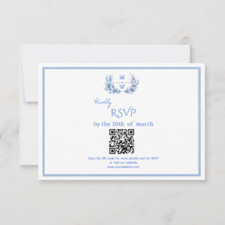 Dusty Blue Floral Crest Monogram QR Code Wedding RSVP Karte