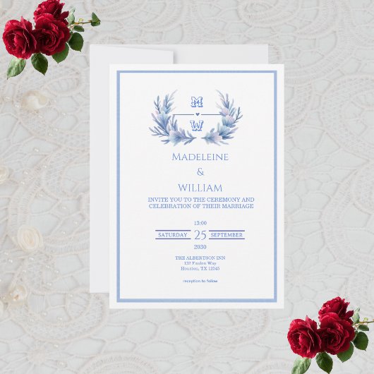Dusty Blue Floral Crest Monogram Wedding Einladung