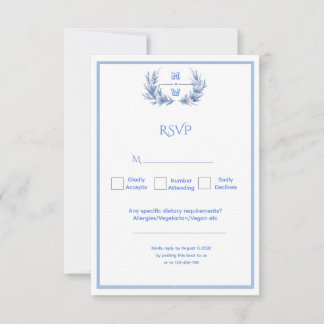 Dusty Blue Floral Crest Monogram Wedding RSVP Karte