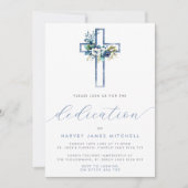 Dusty Blue Floral Cross Baby Dedication Einladung (Vorderseite)