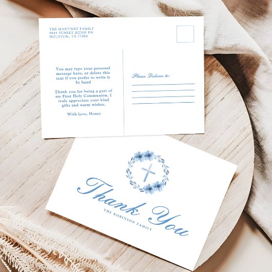 Dusty Blue Floral Cross Christlich Vielen Dank Postkarte