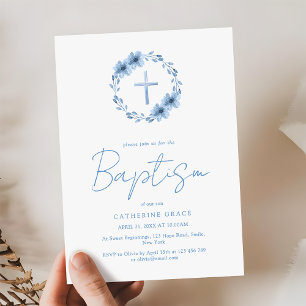 Dusty Blue Floral Cross Minimalistische Taufe Einladung