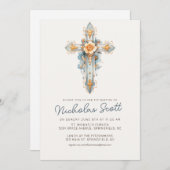 Dusty Blue Floral Cross Taufen Einladung (Vorne/Hinten)