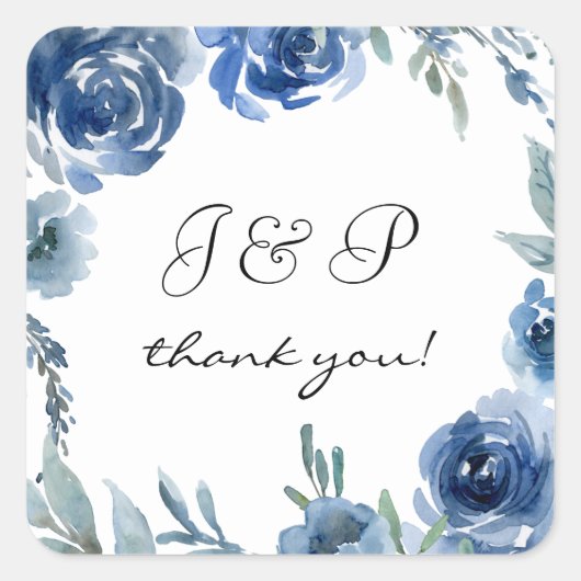 Dusty Blue Floral Danke Monogram 3 Quadratischer Aufkleber (Vorderseite)