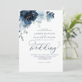 Dusty Blue Floral Dark Navy Pastel Boho Wedding Einladung (Stehend Vorderseite)