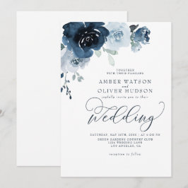 Dusty Blue Floral Dark Navy Pastel Boho Wedding Einladung