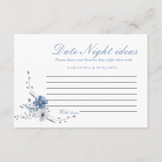 Dusty Blue Floral Date Night Ideas Brautparty Begleitkarte (Vorderseite)