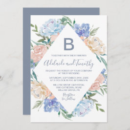 Dusty Blue Floral Diamond Monogram Wedding Einladung