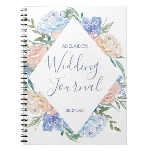 Dusty Blue Floral Diamond Wedding Planner Notizblock (Vorderseite)