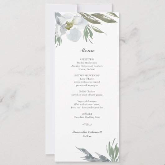 Dusty Blue Floral Dinner Menu Einladung (Vorderseite)